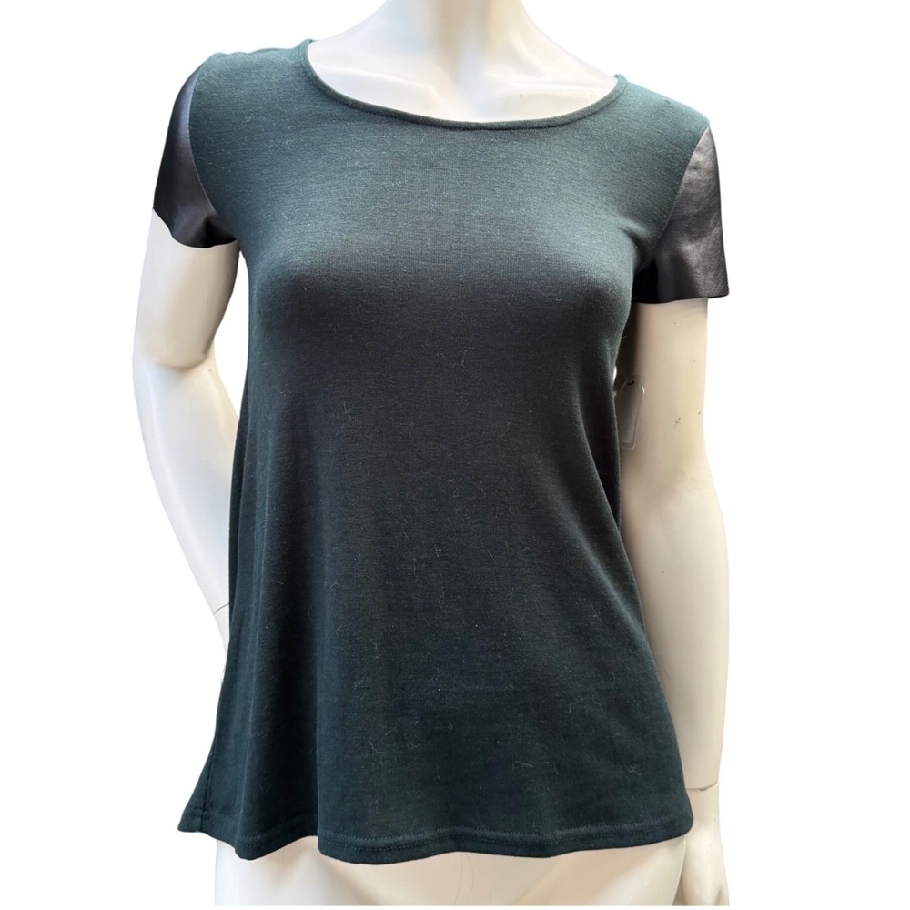 Dex‎ Forest Green Top Black Faux Leather short Sleeve Back Zip Y2K Goth Grunge S